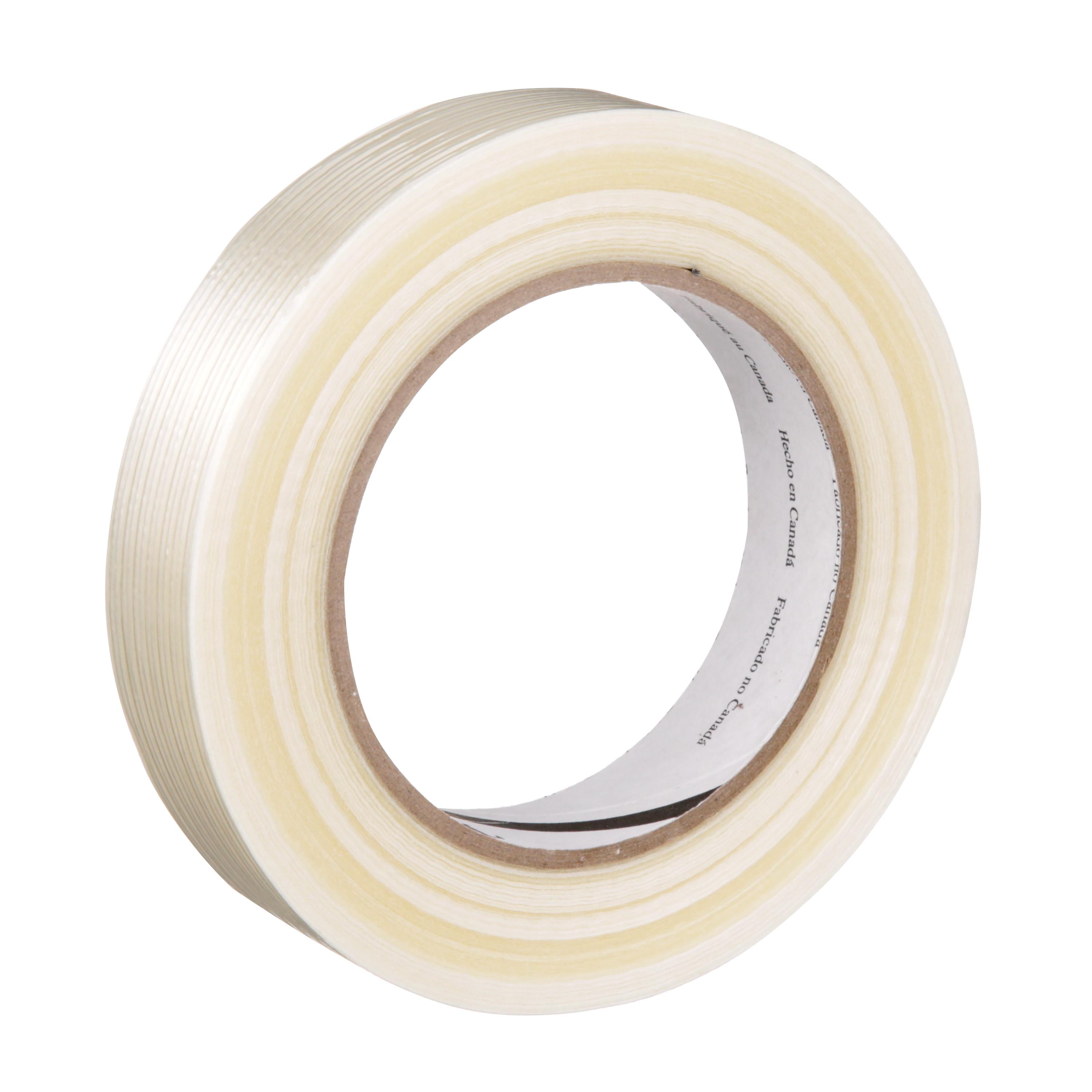 3M™ 051115-63294 Filament Tape, 55 m L x 72 mm W, 3.75 mil THK, Fiberglass Yarn Filament, Synthetic Rubber Adhesive, Polypropylene Film Backing, Clear