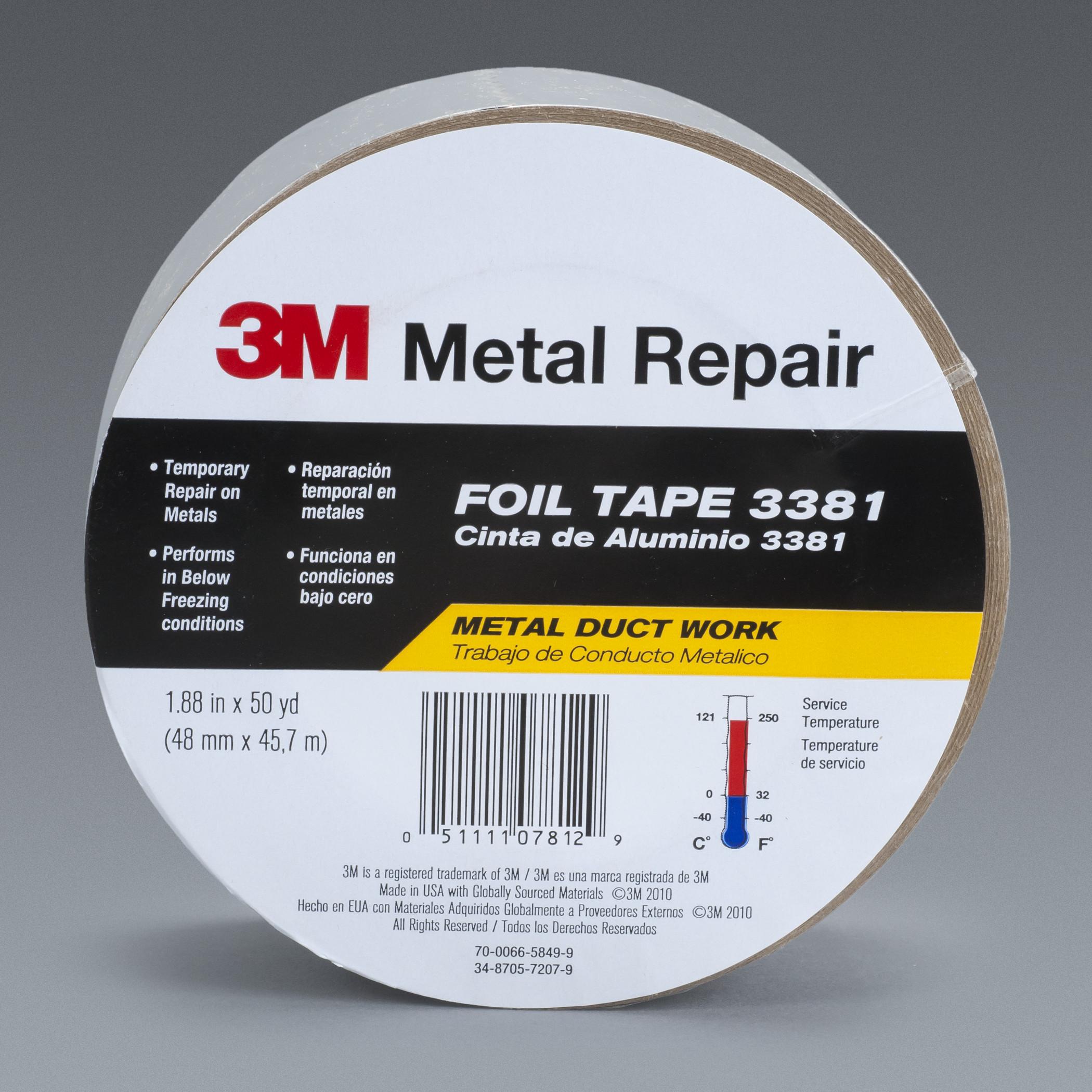 3M™ 051125-85313 Non-Conductive Premium Performance Self-Wound Foil Tape, 60 yd L x 4 in W, 4.6 mil THK, Acrylic Adhesive, Aluminum Backing, Silver