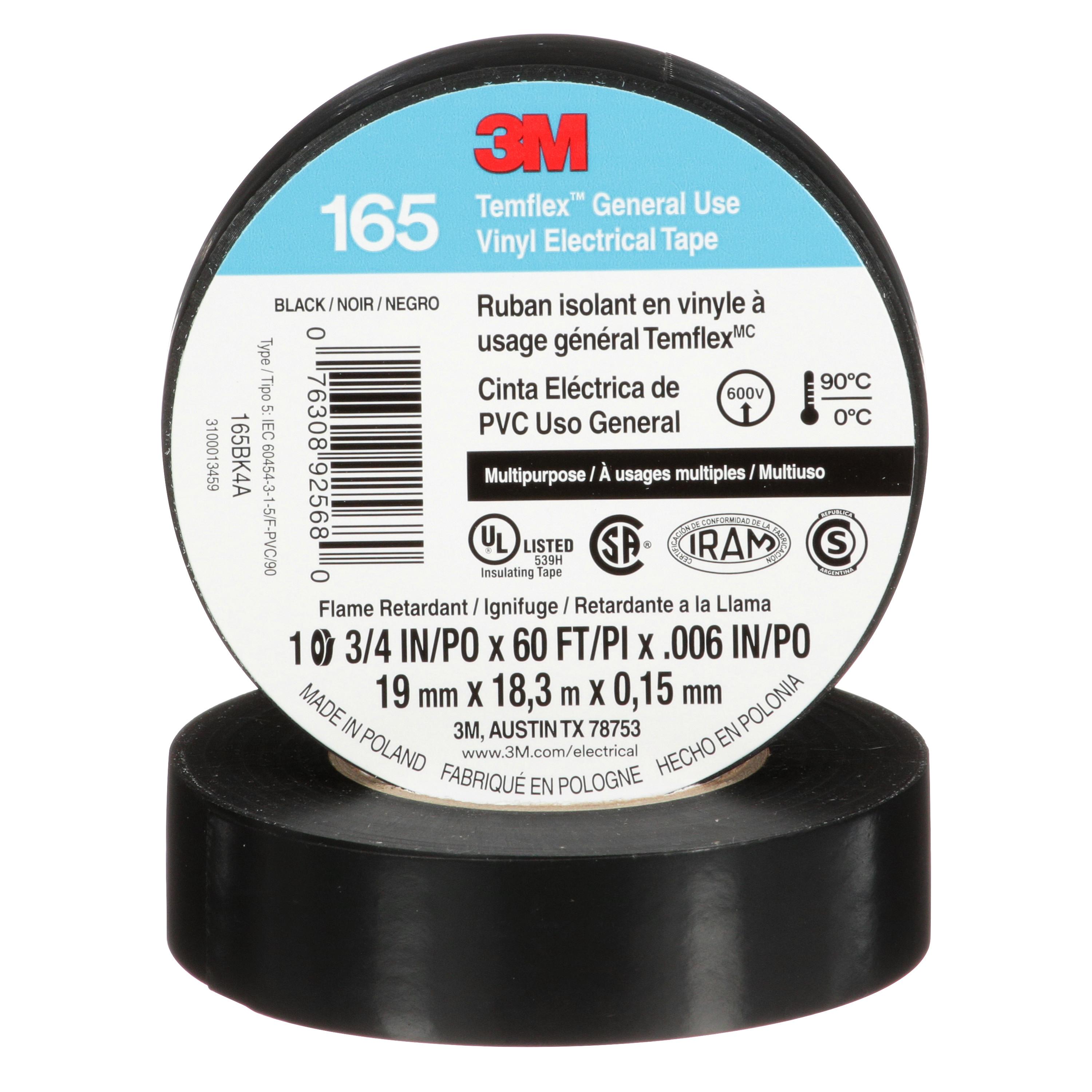 Temflex™ 7000132902 1700 Electrical Maintenance Tape, 22 yd L 1 in W, 7 mil THK, Vinyl, Rubber Adhesive, Black