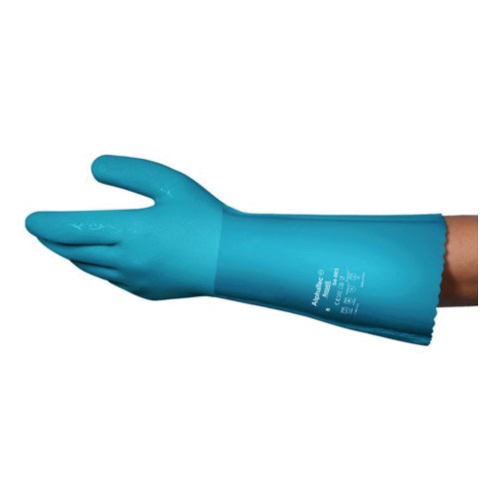 AlphaTec&reg; 4003080 Medium Duty Chemical-Resistant Gloves, 8, Left/Right Hand, Cotton Fleece/Nitrile/PVC/Rubber, Blue, Fleece Lining, 14 in L, Resists: Abrasion, Chemical, Heat, Liquid and Oil, Unsupported Support, Gauntlet Cuff