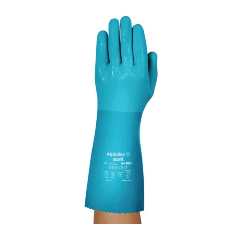 AlphaTec&reg; 4003080 Medium Duty Chemical-Resistant Gloves, 8, Left/Right Hand, Cotton Fleece/Nitrile/PVC/Rubber, Blue, Fleece Lining, 14 in L, Resists: Abrasion, Chemical, Heat, Liquid and Oil, Unsupported Support, Gauntlet Cuff