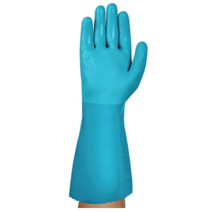 AlphaTec&reg; 4003080 Medium Duty Chemical-Resistant Gloves, 8, Left/Right Hand, Cotton Fleece/Nitrile/PVC/Rubber, Blue, Fleece Lining, 14 in L, Resists: Abrasion, Chemical, Heat, Liquid and Oil, Unsupported Support, Gauntlet Cuff
