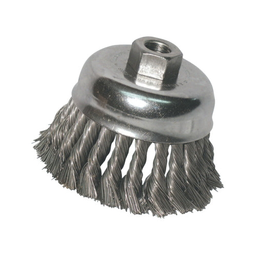 Anchor® 3KC58S Cup Brush, 3 in Dia Brush, 5/8-11 Arbor Hole, 0.02 in Dia Filament/Wire, Knot, Stainless Steel Fill