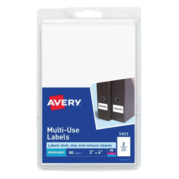 Avery&reg; 5453 Rectangular Multi-Purpose Label, 3 in H x 4 in W, Blank Legend, White, Paper