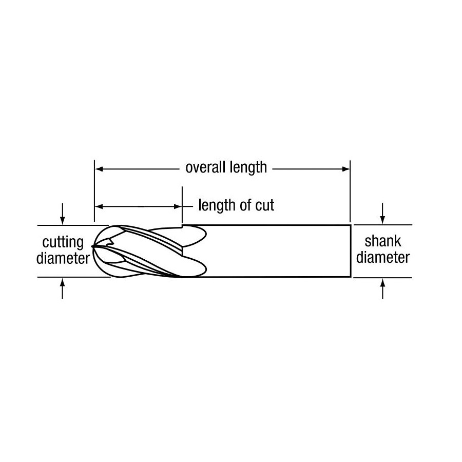 Bassett B00025 MSE-4B Ball Nose Center Cutting General Purpose Regular Length Single End End Mill, 3/8 in Dia Cutter, 1 in Length of Cut, 4 Flutes, 3/8 in Dia Shank, 2-1/2 in OAL, TiAlN Coated
