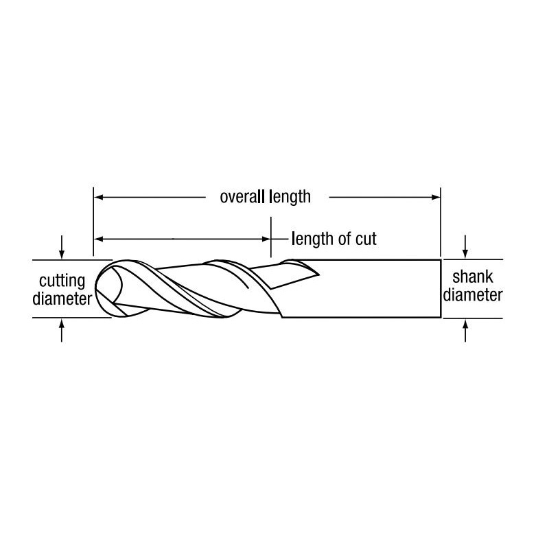 Bassett B00241 MSE-2B Ball Nose Center Cutting General Purpose Regular Length Single End End Mill, 5/16 in Dia Cutter, 13/16 in Length of Cut, 2 Flutes, 5/16 in Dia Shank, 2-1/2 in OAL, TiAlN Coated