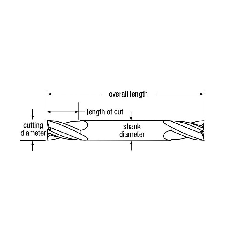 Bassett B52458 MDE-4 Center Cutting Double End General Purpose Regular Length Square End End Mill, 3/8 in Dia Cutter, 3/4 in Length of Cut, 4 Flutes, 3/8 in Dia Shank, 3-1/2 in OAL, Bright