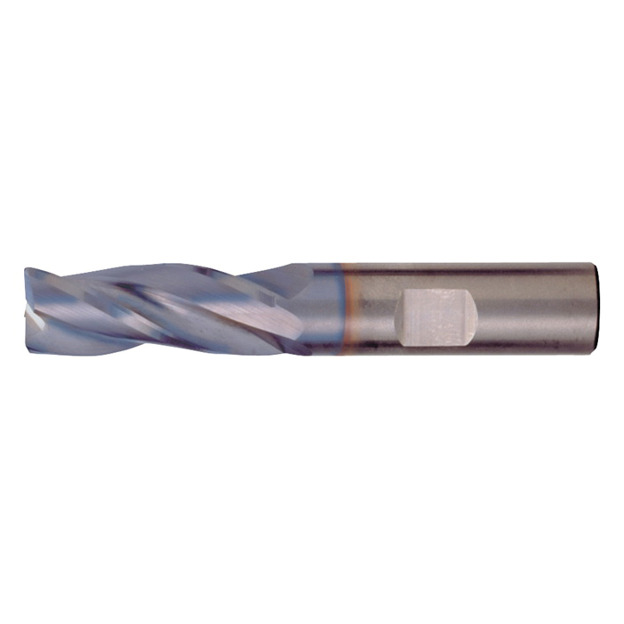 Bassett B05032 HPEM-3 Center Cutting High Performance Stub Length End Mill, 3/4 in Dia Cutter, 0.03 in Corner Radius, 7/8 in Length of Cut, 3 Flutes, 3/4 in Dia Shank, 3 in OAL, TiCN Coated