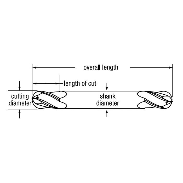 Bassett B69534 MDE-4B Ball Nose Center Cutting Double End General Purpose Regular Length End Mill, 5/16 in Dia Cutter, 3/4 in Length of Cut, 4 Flutes, 3/8 in Dia Shank, 3-1/2 in OAL, TiAlN Coated