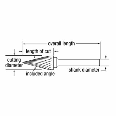 Bassett B55191 BM Series Carbide Burr, Pointed End, Cone Head, 1/4 in Dia Head, 1/2 in L of Cut, 2 in OAL, Double Cut