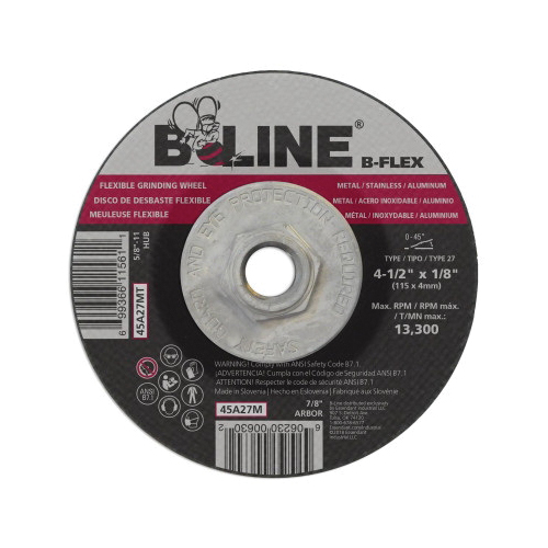 Bee Line® 45A27M Flexible Depressed Center Wheel, 4-1/2 in Dia x 1/8 in THK, 7/8 in Center Hole, 30 Grit, Aluminum Oxide Abrasive