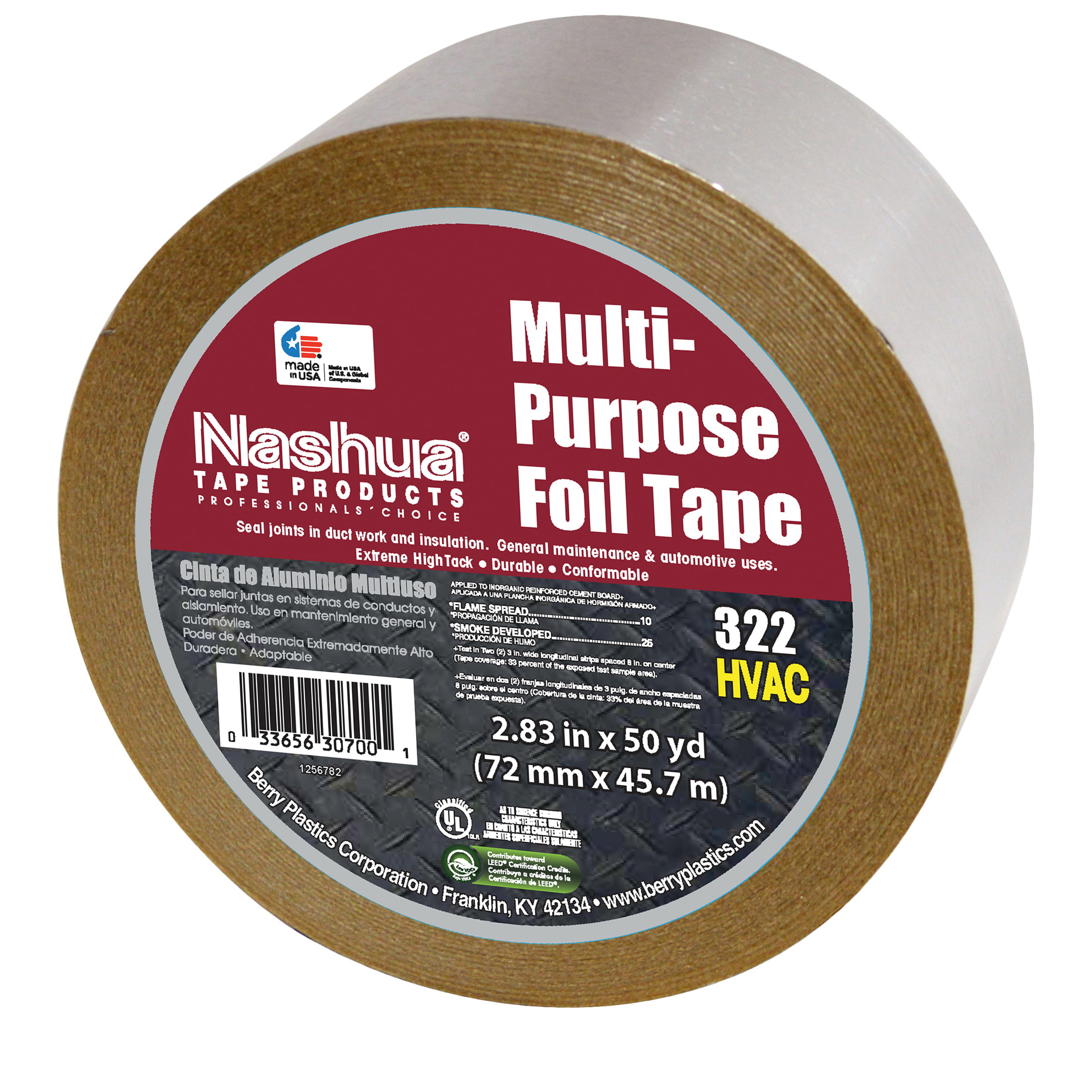 Nashua® 1087627 322 Multi-Purpose Plain Foil Tape, 46 m L x 48 mm W, 5 mil THK, Synthetic Rubber Adhesive, Aluminum Foil Backing, Aluminum