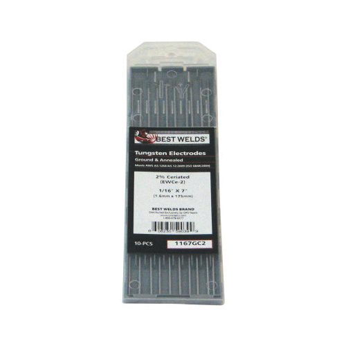 Best Welds® 1167G Tungsten Electrode, Chemical Composition: Dicerium Trioxide, 1/16 in Dia x 7 in L, Solid Form