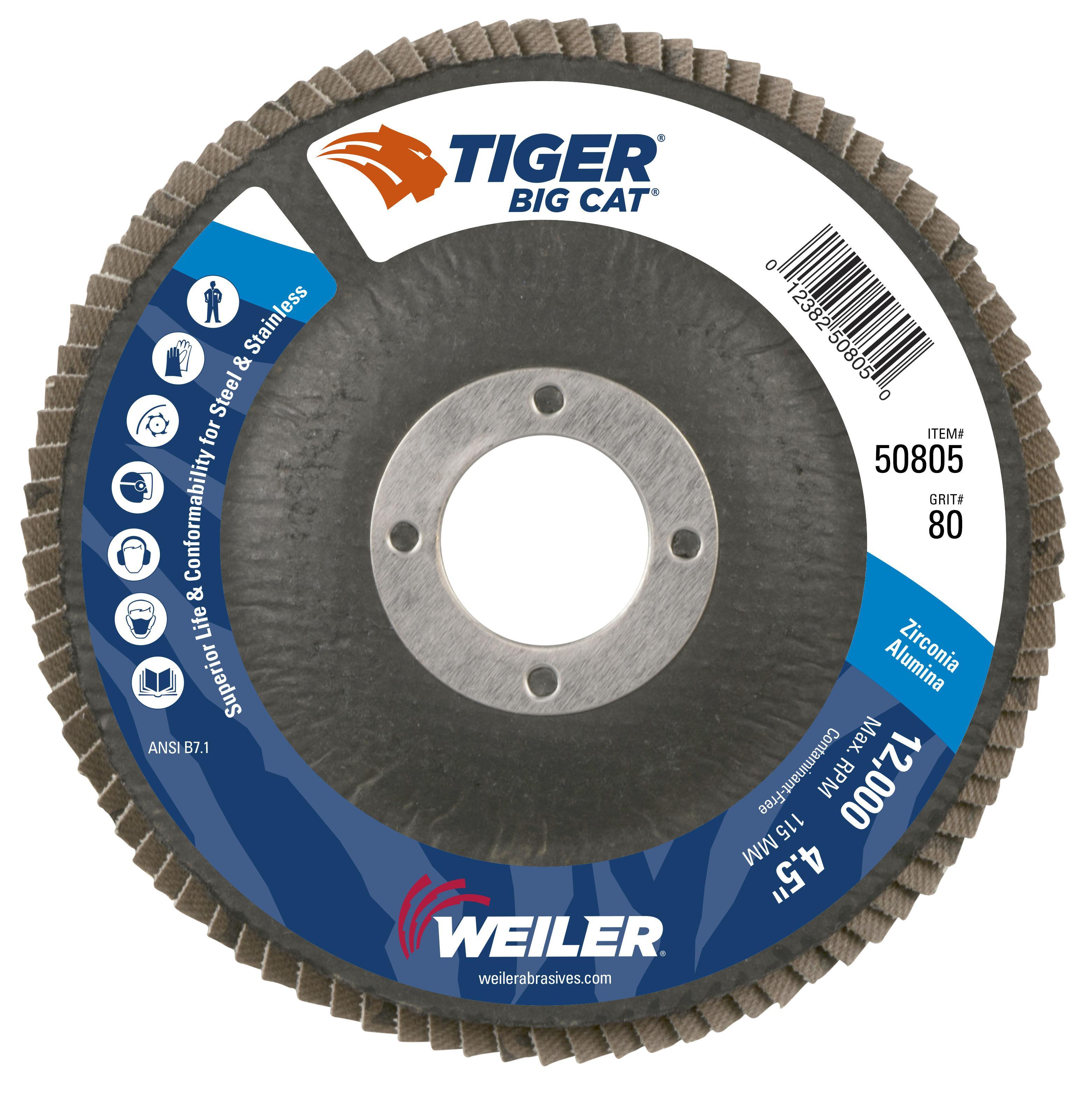 Big Cat® 50803 Close High Density Premium Coated Abrasive Flap Disc, 4-1/2 in Dia Disc, 7/8 in Center Hole, 40 Grit, Coarse Grade, Zirconia Alumina Abrasive, Type 27 Flat Disc