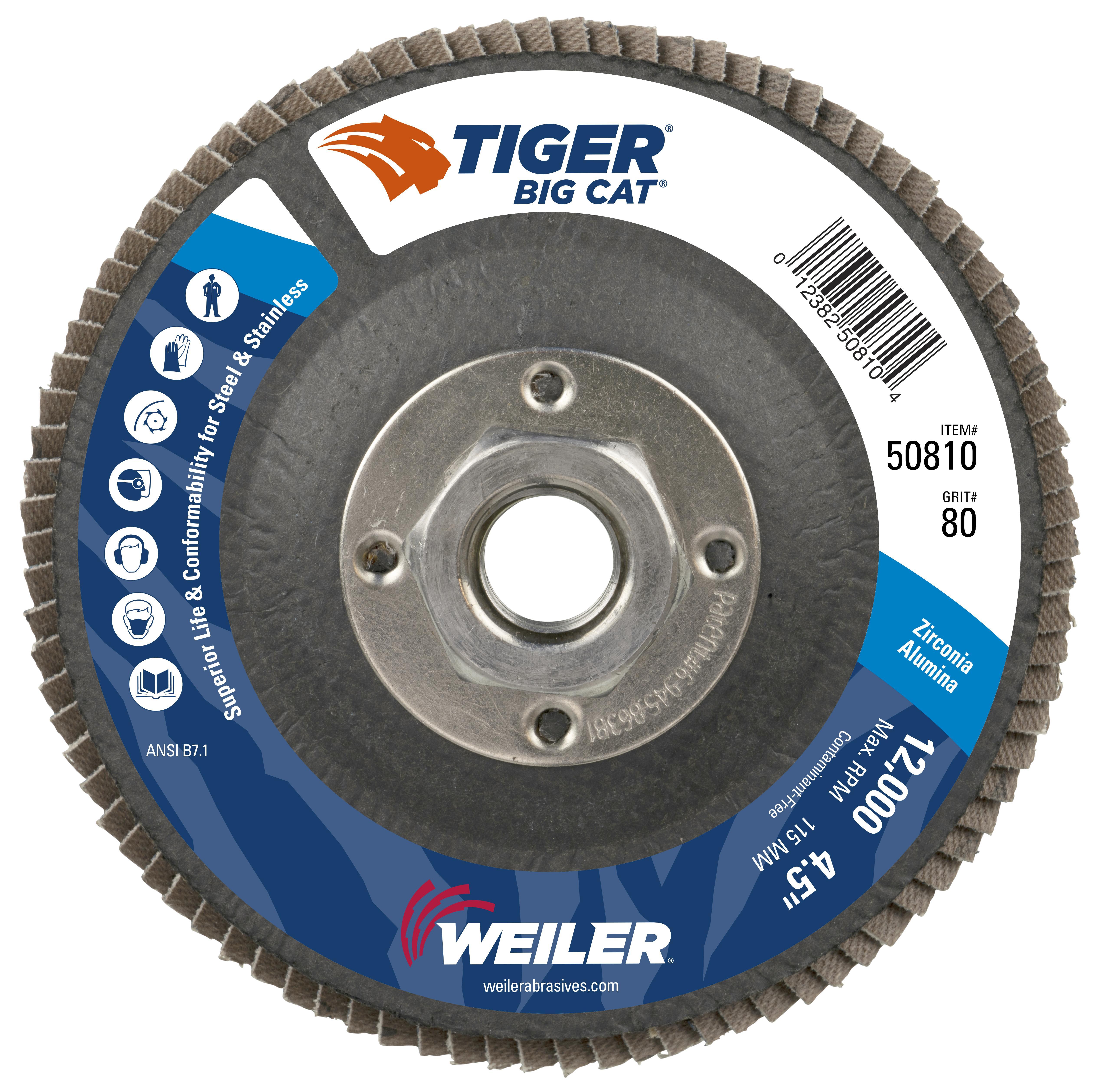 Big Cat® 50805 Close High Density Premium Coated Abrasive Flap Disc, 4-1/2 in Dia Disc, 7/8 in Center Hole, 80 Grit, Medium Grade, Zirconia Alumina Abrasive, Type 27 Flat Disc