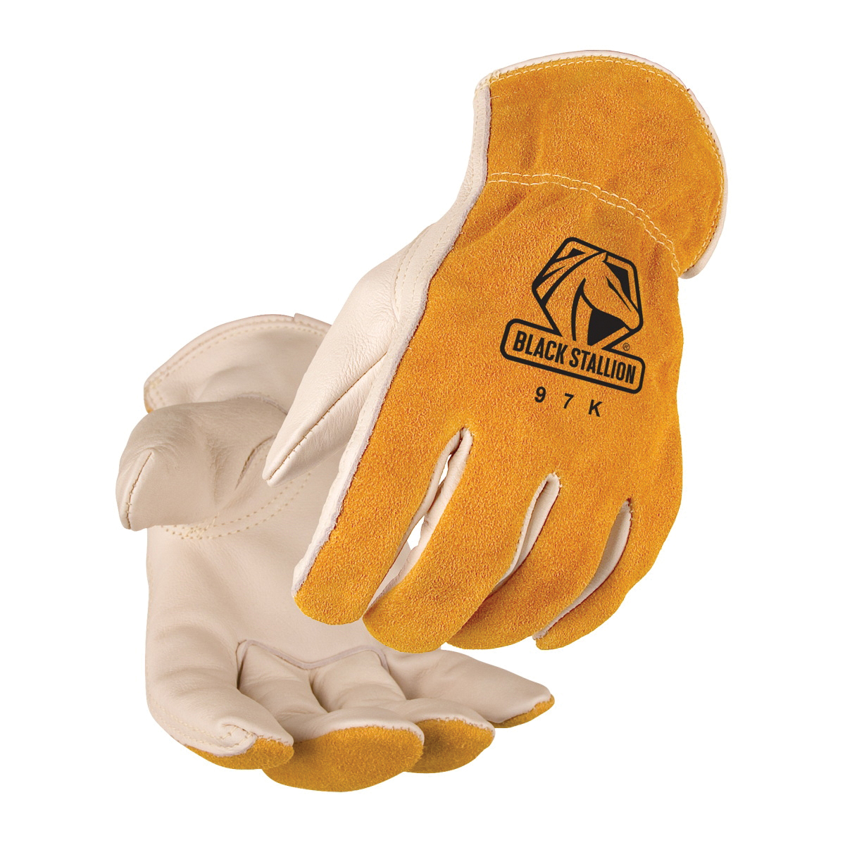 Black Stallion&reg; 97KXXL 97K Premium Grade Driver's Gloves, Driver, Keystone Thumb Style, 2XL, Grain Cowhide Leather Palm, Tan/White, Beaded Cuff, Resists: Abrasion and Spark, Unlined Lining