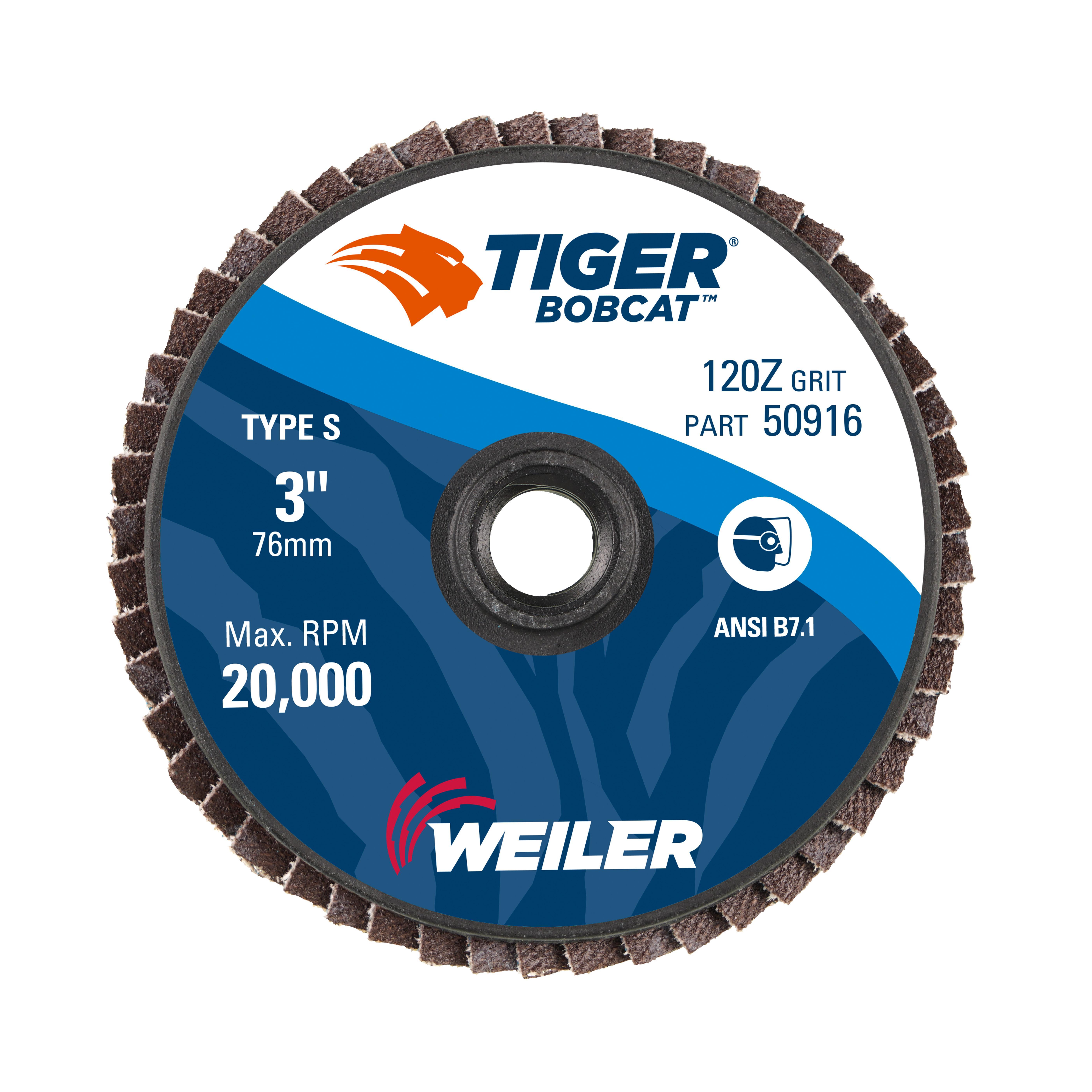 BobCat&trade; 50912 Mini Coated Abrasive Flap Disc, 3 in Dia Disc, 1/4 in Center Hole, 36 Grit, Very Coarse Grade, Zirconia Alumina Abrasive, Type 27 Flat Disc