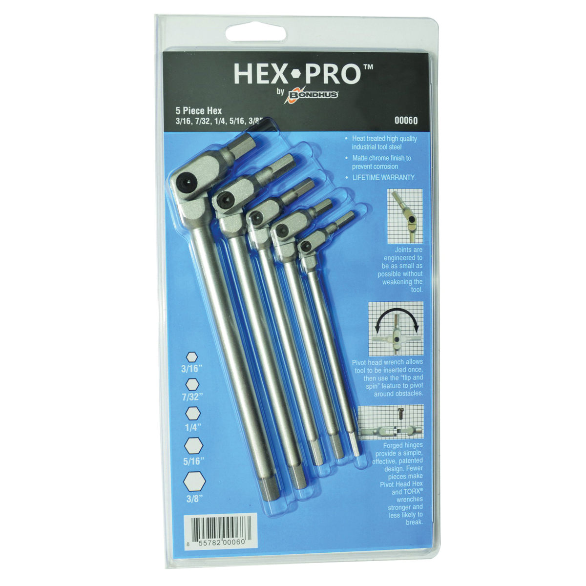 Bondhus&reg; HexPro&trade; 00060 Pivot Head Hex Wrench Set, 5 Pieces, 3/16 to 3/8 in Hex, Hex Drive, L-Handle Handle, Tool Steel, Matte Chrome