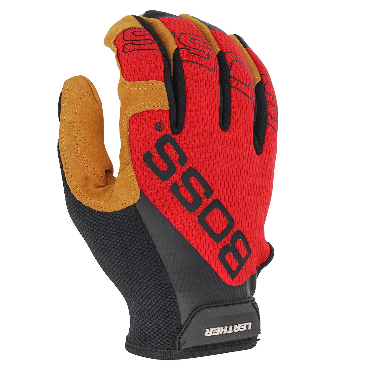 Boss® 120-ML1350T/XL 120-ML1350T Gloves, XL, Leather Palm, Red, Slip-On Cuff, Uncoated Coating, Resists: Abrasion, Spandex® Lining