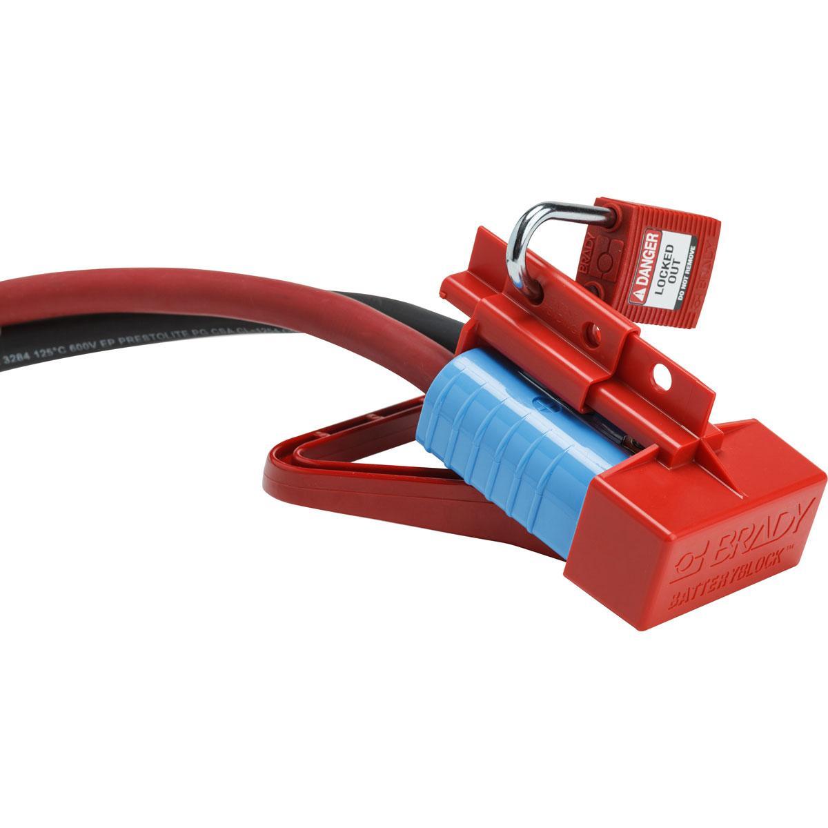 Brady&reg; BatteryBlock&trade; 150841 Plug Encasing Power Connector Lockout Forklift With Handle, For Use With 175A and 350A Power Connectors, 2 Padlocks, 0.31 in Dia Max Padlock Shackle, LOTO-103 Plastic, Red