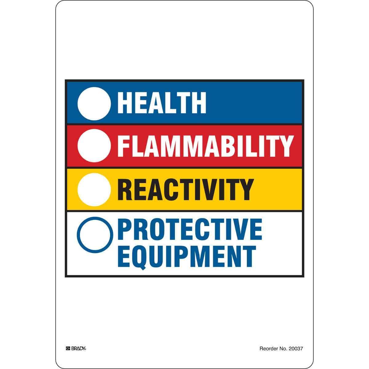 Brady&reg; 20037LS Flat Square Label, 7 in W, HEALTH, FLAMMABILITY, REACTIVITY, PROTECTIVE EQUIPMENT Legend, Black/Blue/Red/Yellow on White, B-235 Coated Paper, 100 per Pack Labels