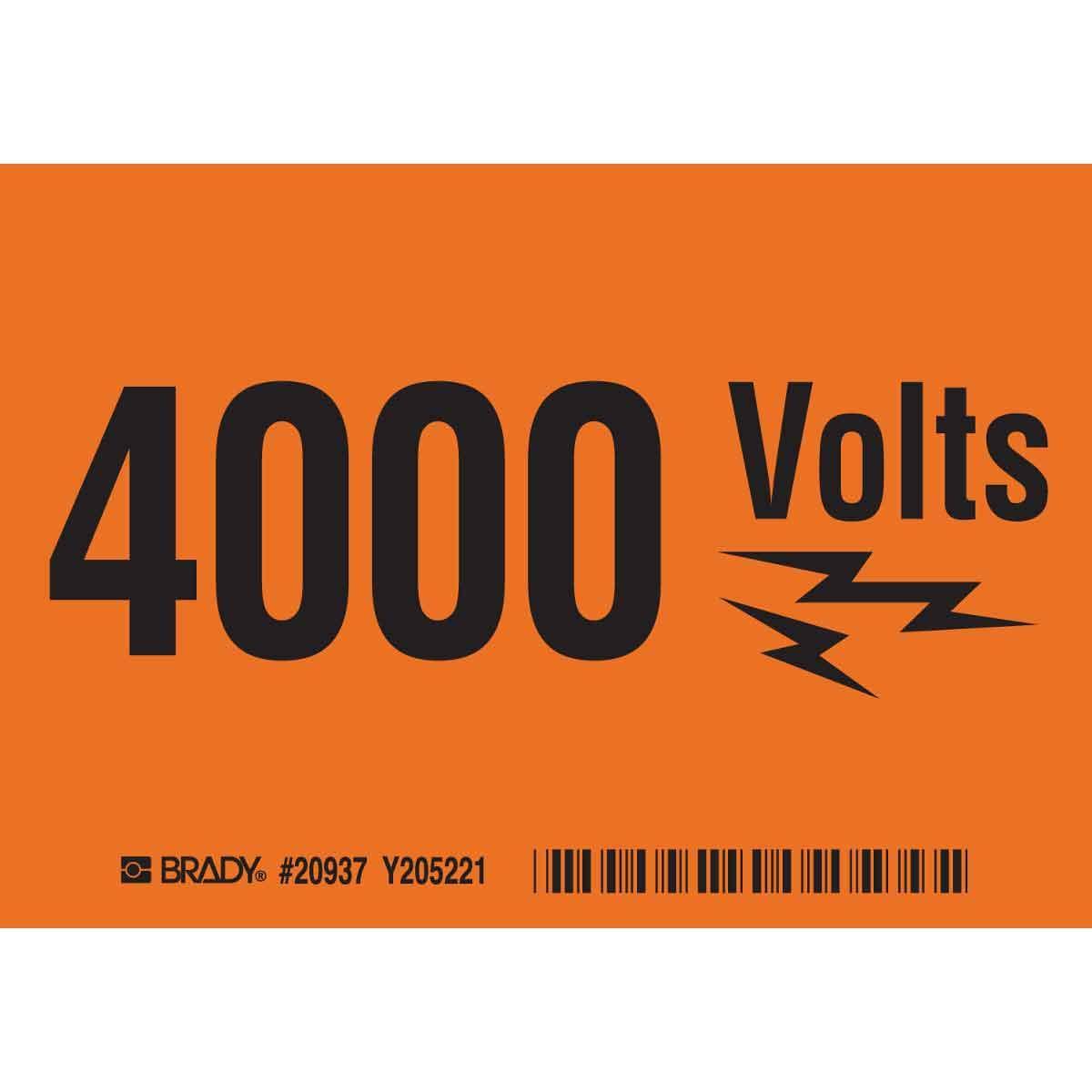 Brady&reg; 20937 High Performance Laminated Rectangular Self-Adhesive Safety Sign, 5 in W, 4000 VOLTS Legend, Black Legend, Orange Background, B-302 Polyester