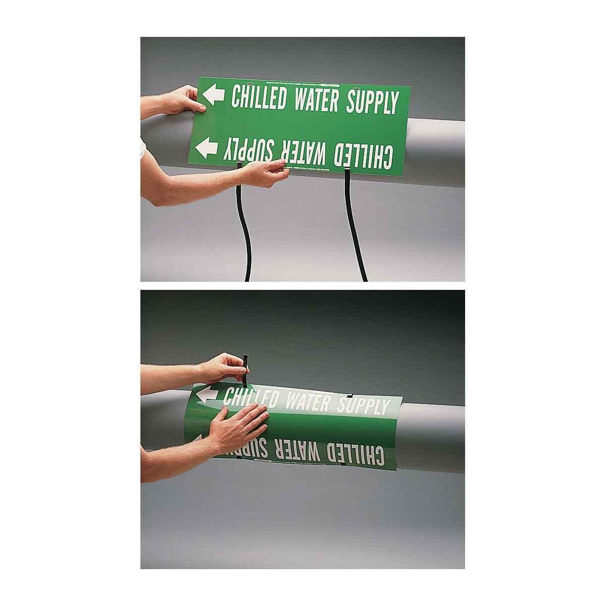 Brady® 5647-HPHV HPHV Style Permanent Acrylic Pipe Marker, CHILLED WATER RETURN with Left Arrow Symbol Legend, White on Green, Fits Pipe Dia: 8 in or Greater, 4-1/4 in H x 32 in W, B-681/B-883 Fiberglass/Polyester Laminate, Strap-On Mount