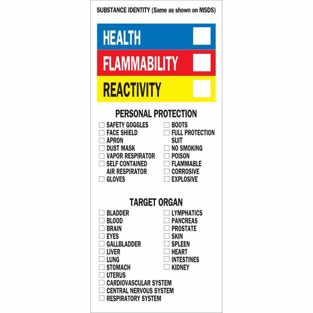 Brady&reg; 58264 Non-Reflective Rectangular Self-Adhesive Write-On Organ Label, 3 in W, HEALTH FLAMMABILITY REACTIVITY Legend, Black/Blue/Red/Yellow on White, B-235 Coated Paper, 500 per Roll Labels