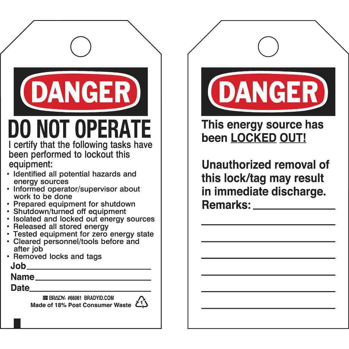 Brady&reg; 65449 Rectangular Lockout Tag, 5-3/4 in H x 3 in W, Black/Red on White, 3/8 in Hole, B-853 Cardstock