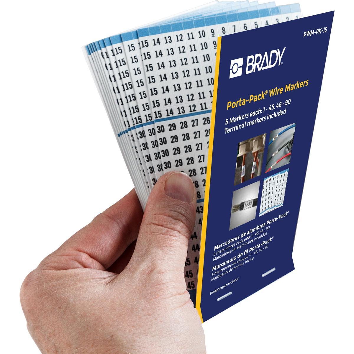 Brady® Porta-Pack® PWM-PK-12 Die-Cut in Book Format Pre-Printed Wire Marker Book, 1-1/2 in L x 0.2 in W, Black on White, B-500 Vinyl Coated Fabric