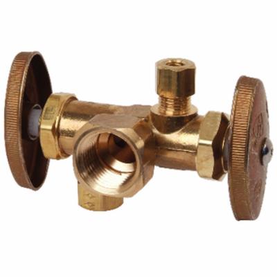 BrassCraft® R1700DVX R Multi-Turn Dual Outlet/Dual-Shut-Off Angle Stop, 1/2 x 3/8 x 1/4 in Nominal, FNPT x Compression x Compression, 125 psi, Brass Body, Rough Brass, Domestic
