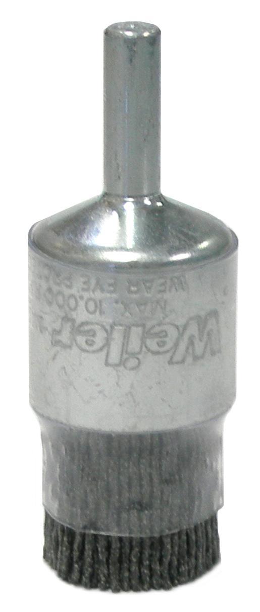 Weiler&reg; 10322 Controlled Flare Stem Mount End Brush, 1 in Dia Brush, Crimped, 0.014 in Dia Filament/Wire, Stainless Steel Fill, 1 in L Trim