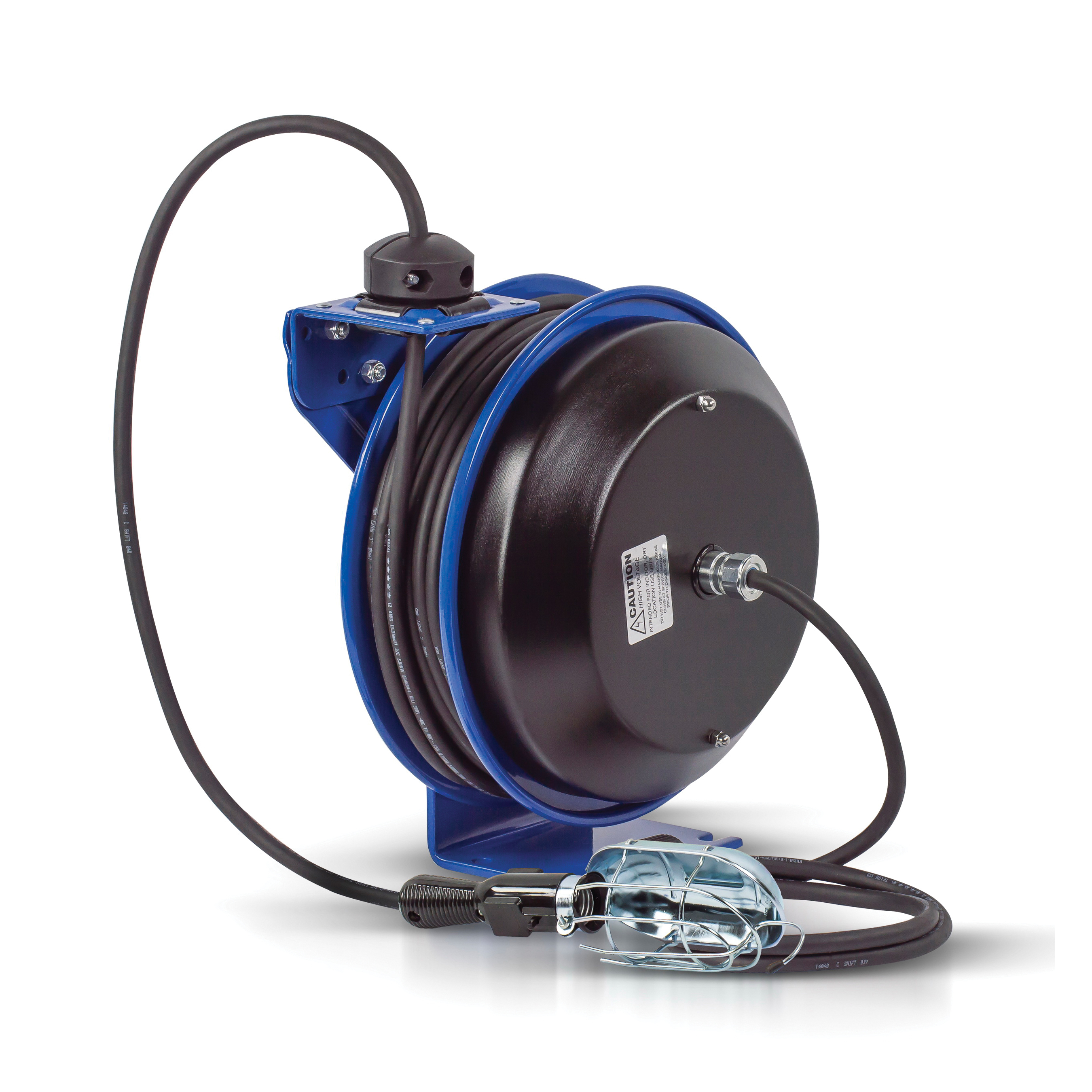 COXREELS&reg; PC13-5016-E 1-Pedestal Spring Driven Cord Reel With Incandescent Caged Drop Light and Tool Tap Plug, 115 V, 13 A, 50 ft L Cord, 16/3 AWG Conductor