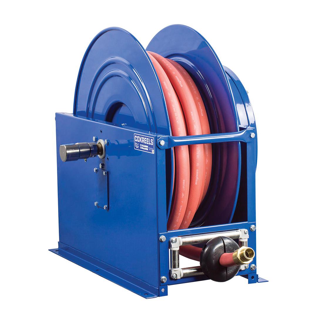 COXREELS&reg; SLP-575 SP Series Box Frame High Capacity Low Pressure Spring Driven Hose Reel, 3/4 in ID x 1-1/16 in OD x 75 ft L Hose, 300 psi Pressure, 10-1/2 in Dia x 7-1/2 in W Reel