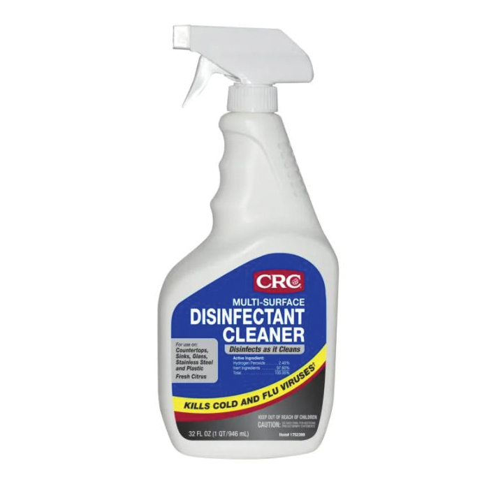 CRC&reg; 1752400 Multi-Surface Disinfectant Cleaner, 32 oz Spray Bottle, Liquid Form, Colorless