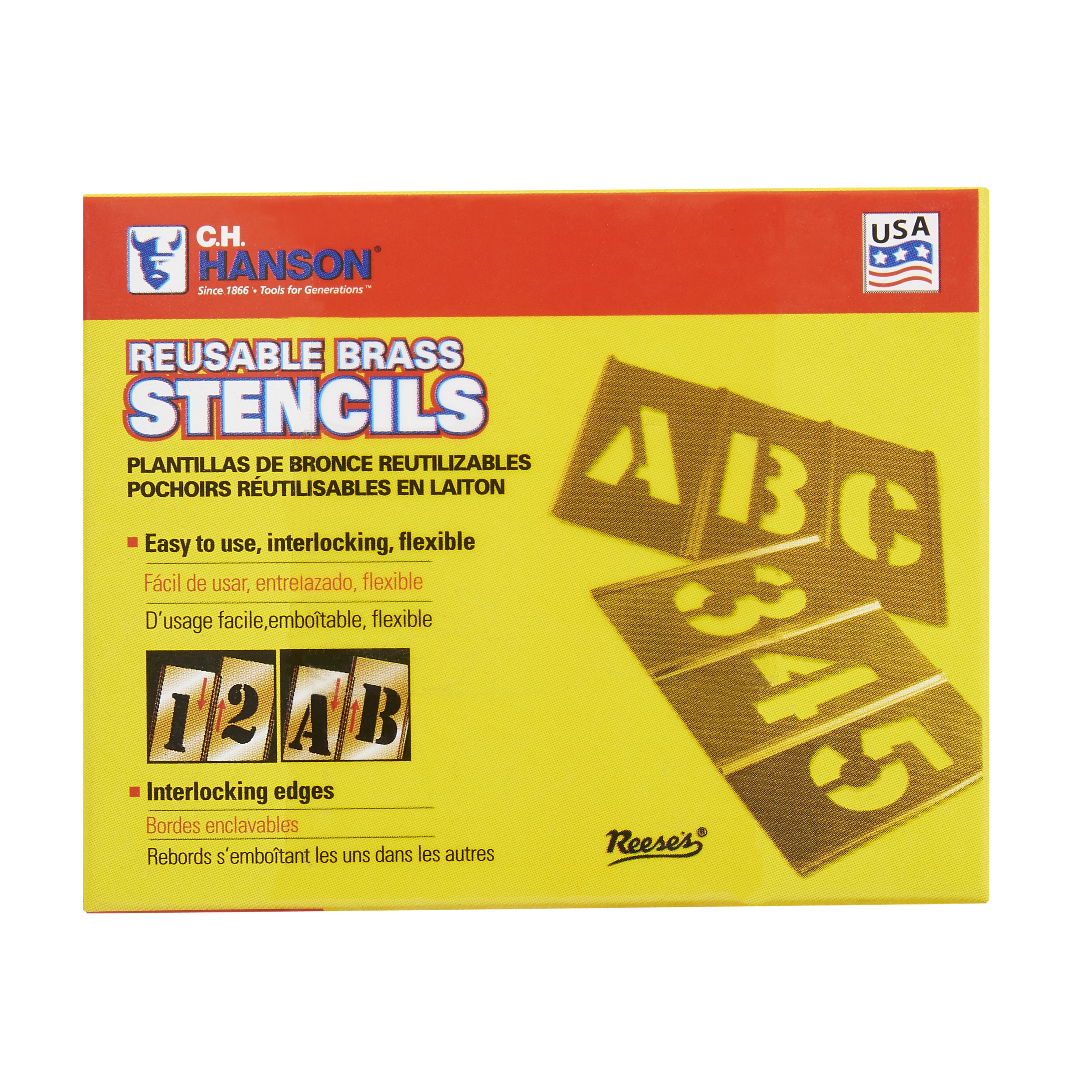 C.H.Hanson&reg; 10008 15-Piece Interlocking Reusable Single Number Stencil Set, 1 in H, Gold, 28 ga Brass