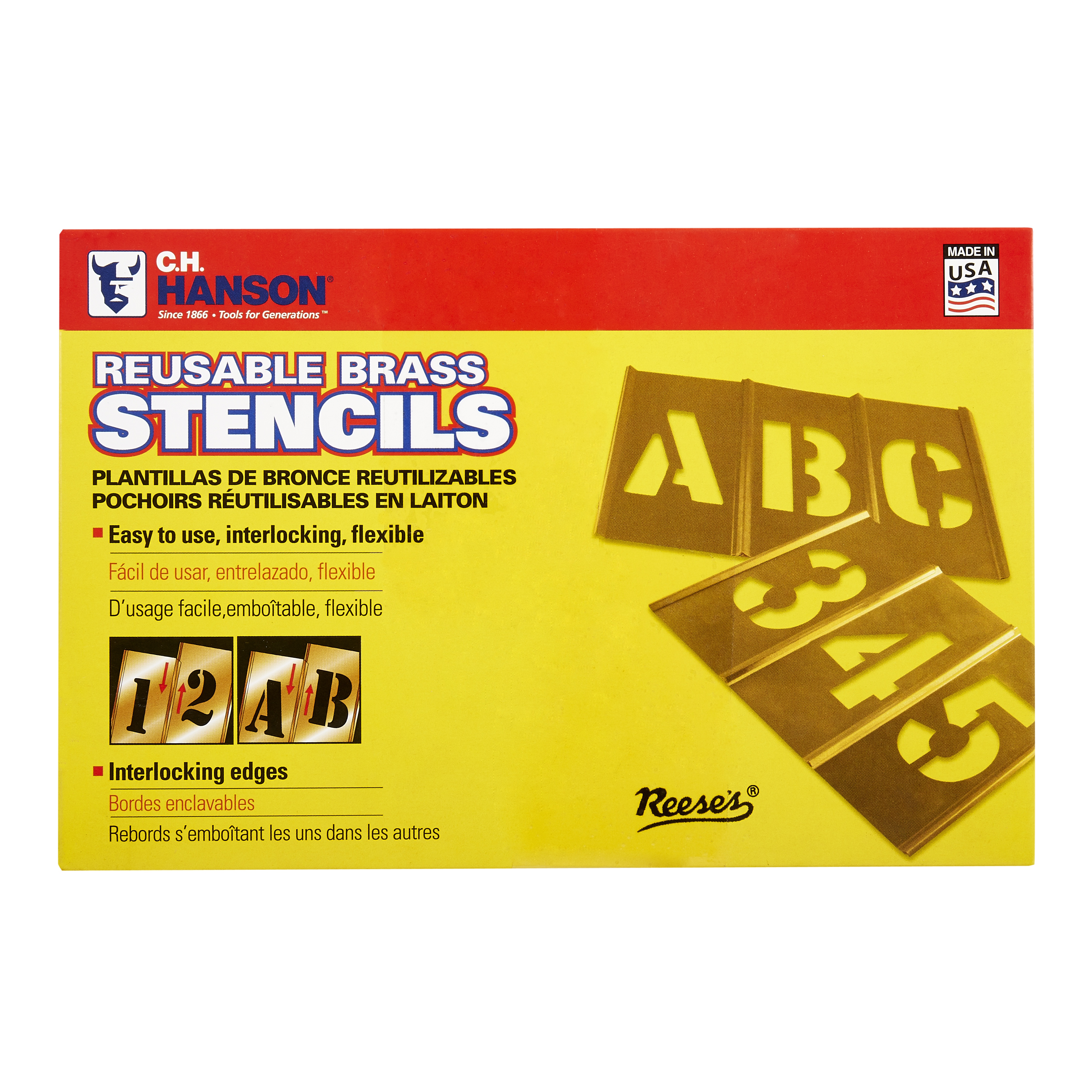 C.H.Hanson&reg; 10015 15-Piece Interlocking Reusable Single Number Stencil Set, 5 in H, Gold, 28 ga Brass