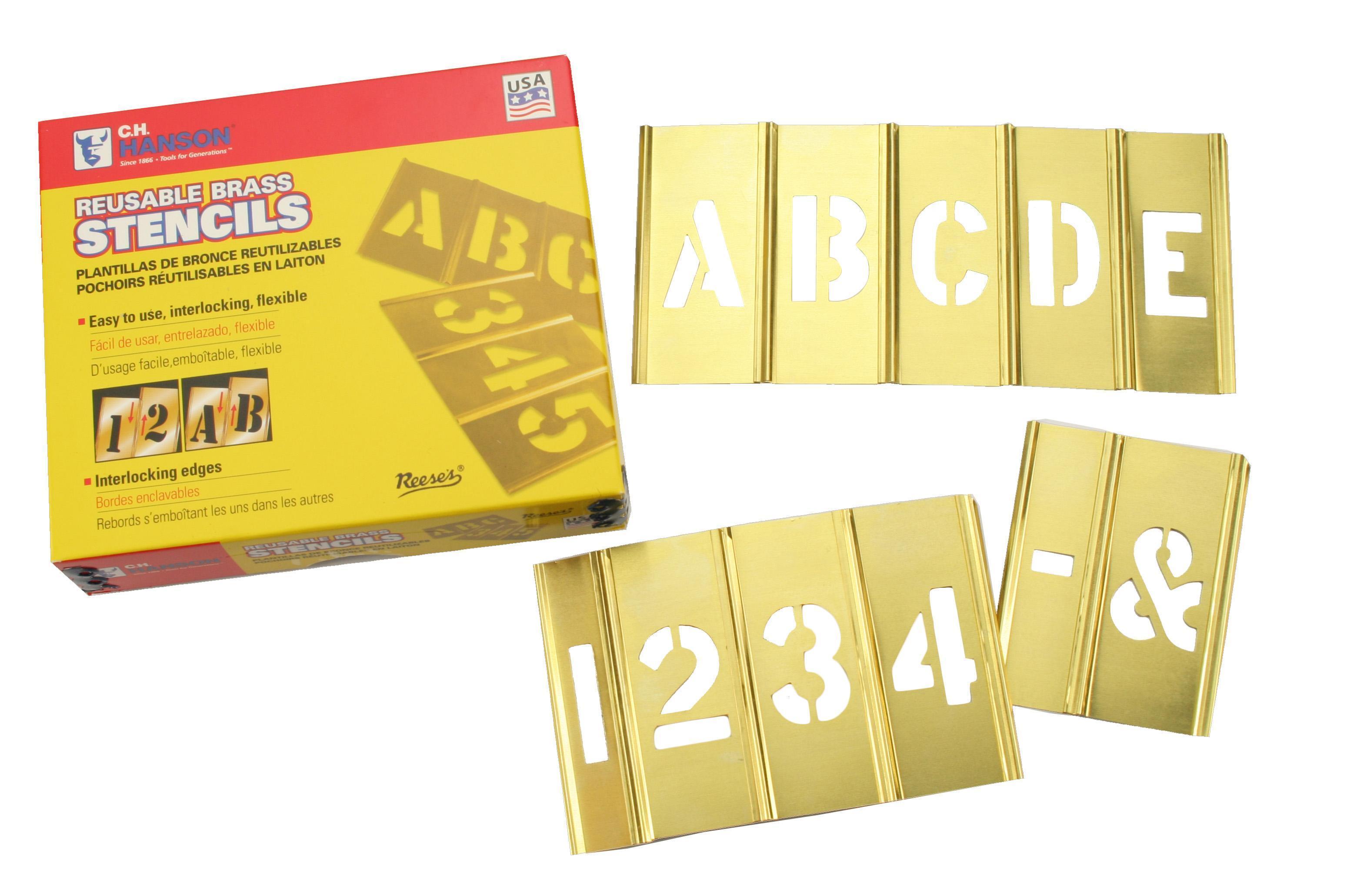 C.H.Hanson® 10069 45-Piece Interlocking Reusable Single Letter and Number Stencil Set, 1-1/2 in H, Gold, 28 ga Brass