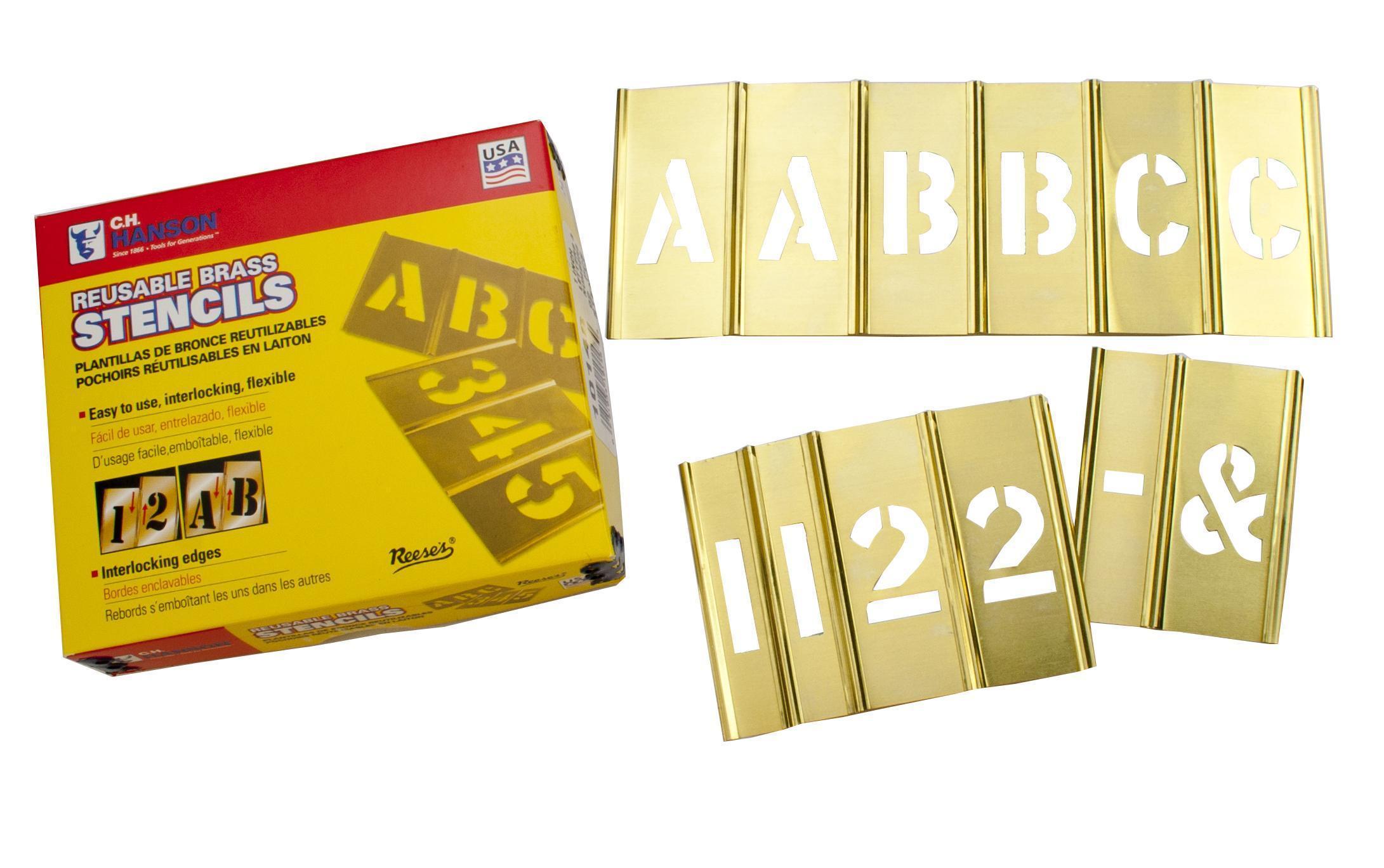 C.H.Hanson® 10074 45-Piece Interlocking Reusable Single Letter and Number Stencil Set, 4 in H, Gold, 28 ga Brass