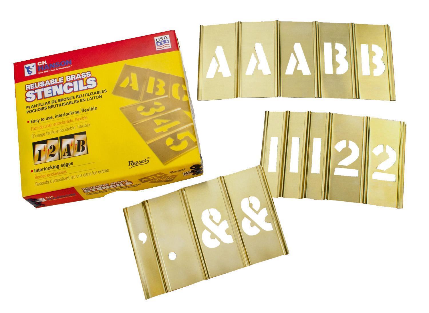 C.H.Hanson® 10114 77-Piece Interlocking Reusable Single Letter and Number Stencil Set, 4 in H, Gold, 28 ga Brass