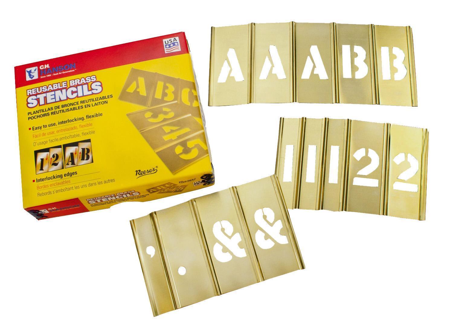 C.H.Hanson® 10074 45-Piece Interlocking Reusable Single Letter and Number Stencil Set, 4 in H, Gold, 28 ga Brass