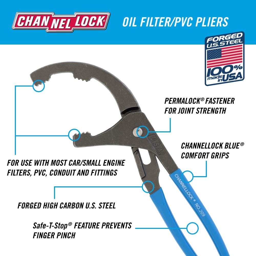 Channellock&reg; 209 Oil Filter/PVC Plier, 3-1/2 in, 1-3/4 in High Carbon Steel Jaw, 9 in OAL