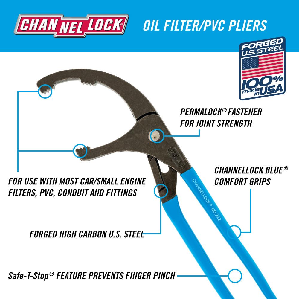 Channellock&reg; 212 Oil Filter/PVC Plier, 4-1/4 in, 2.52 in High Carbon Steel Jaw, 12 in OAL