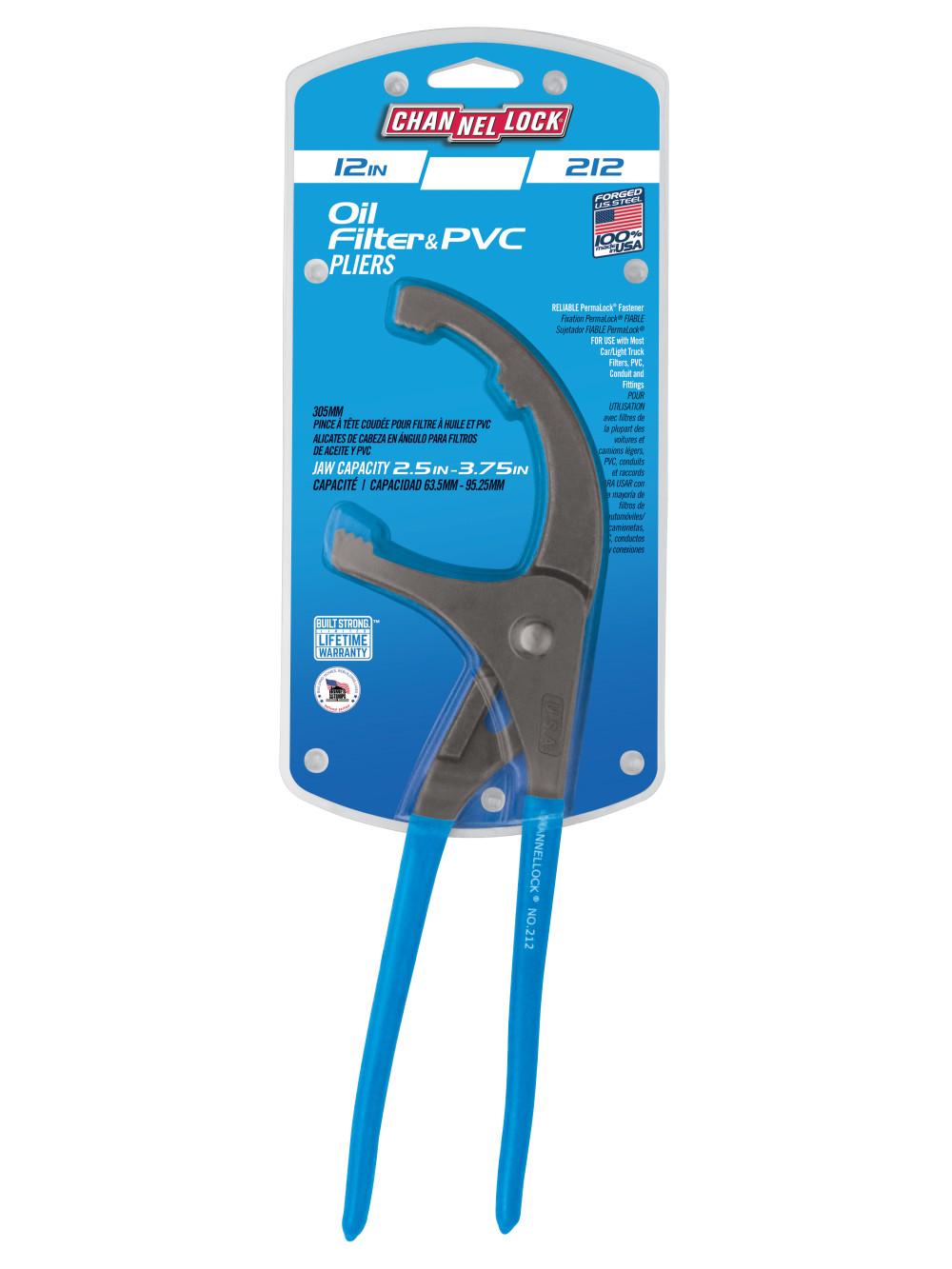 Channellock&reg; 212 Oil Filter/PVC Plier, 4-1/4 in, 2.52 in High Carbon Steel Jaw, 12 in OAL
