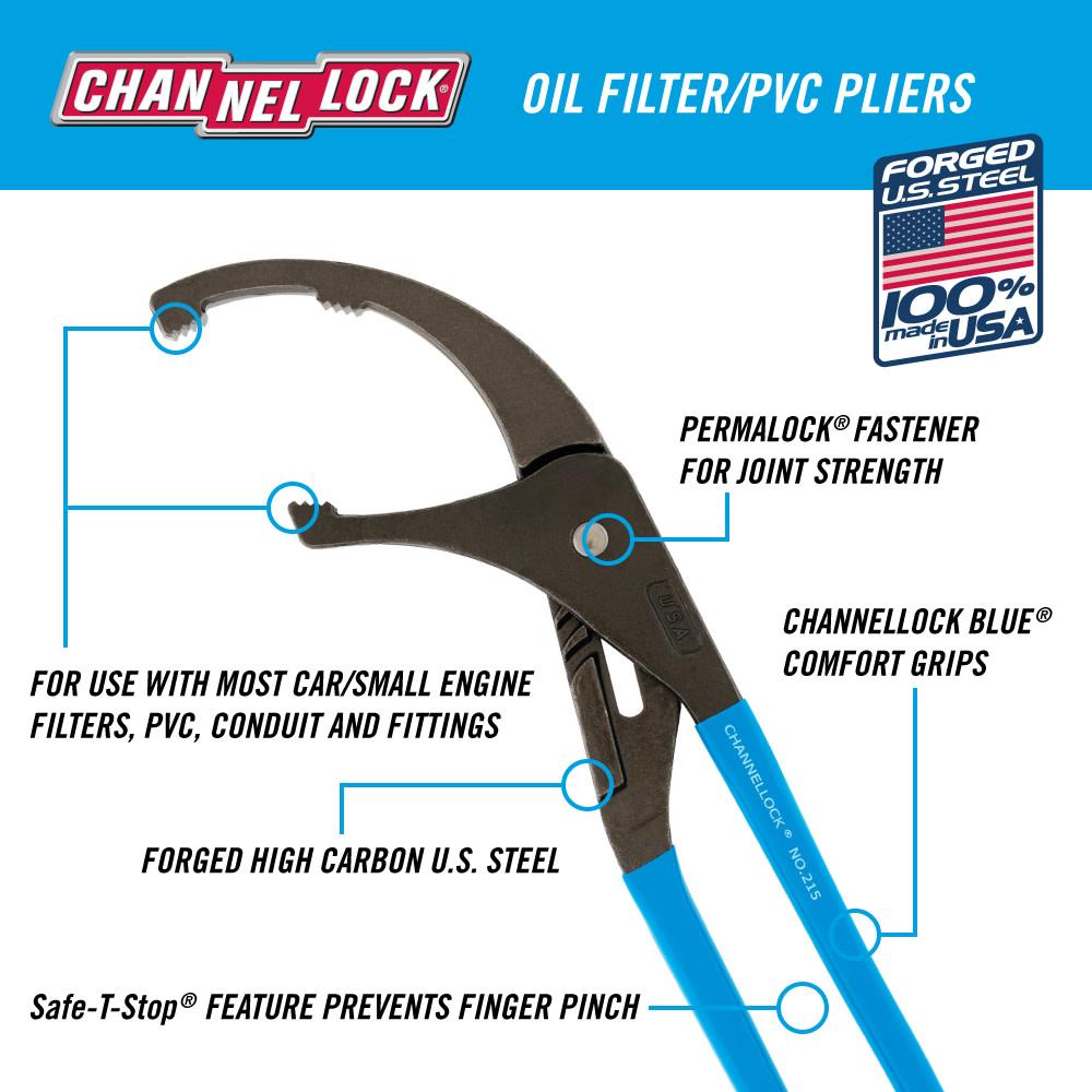 Channellock&reg; 215 6-Position Adjustable Oil Filter Plier, 2-1/2 to 4-1/2 in, 3.5 in L x 0.51 in THK High Carbon Steel Jaw, 1.77 in Handle