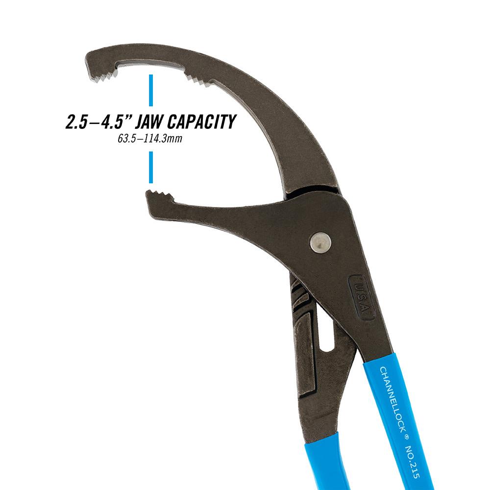 Channellock&reg; 215 6-Position Adjustable Oil Filter Plier, 2-1/2 to 4-1/2 in, 3.5 in L x 0.51 in THK High Carbon Steel Jaw, 1.77 in Handle