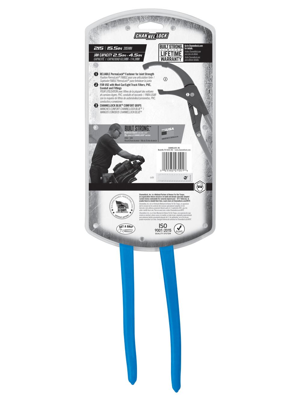 Channellock&reg; 215 6-Position Adjustable Oil Filter Plier, 2-1/2 to 4-1/2 in, 3.5 in L x 0.51 in THK High Carbon Steel Jaw, 1.77 in Handle