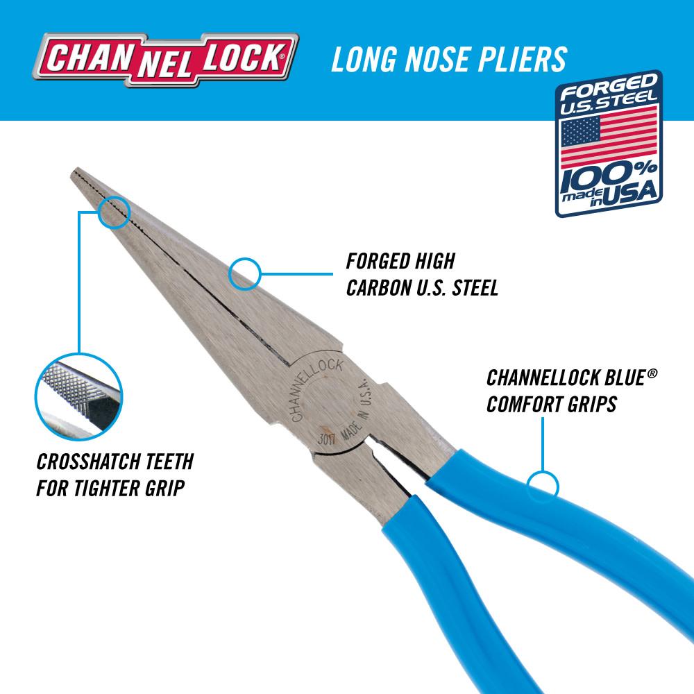 Channellock&reg; 3017 Long Nose Plier, Cross Hatched Teeth Jaw High Carbon Steel Jaw, 2.36 in L Jaw x 0.87 in W Jaw, 8 in OAL, 3/32 in W Tip