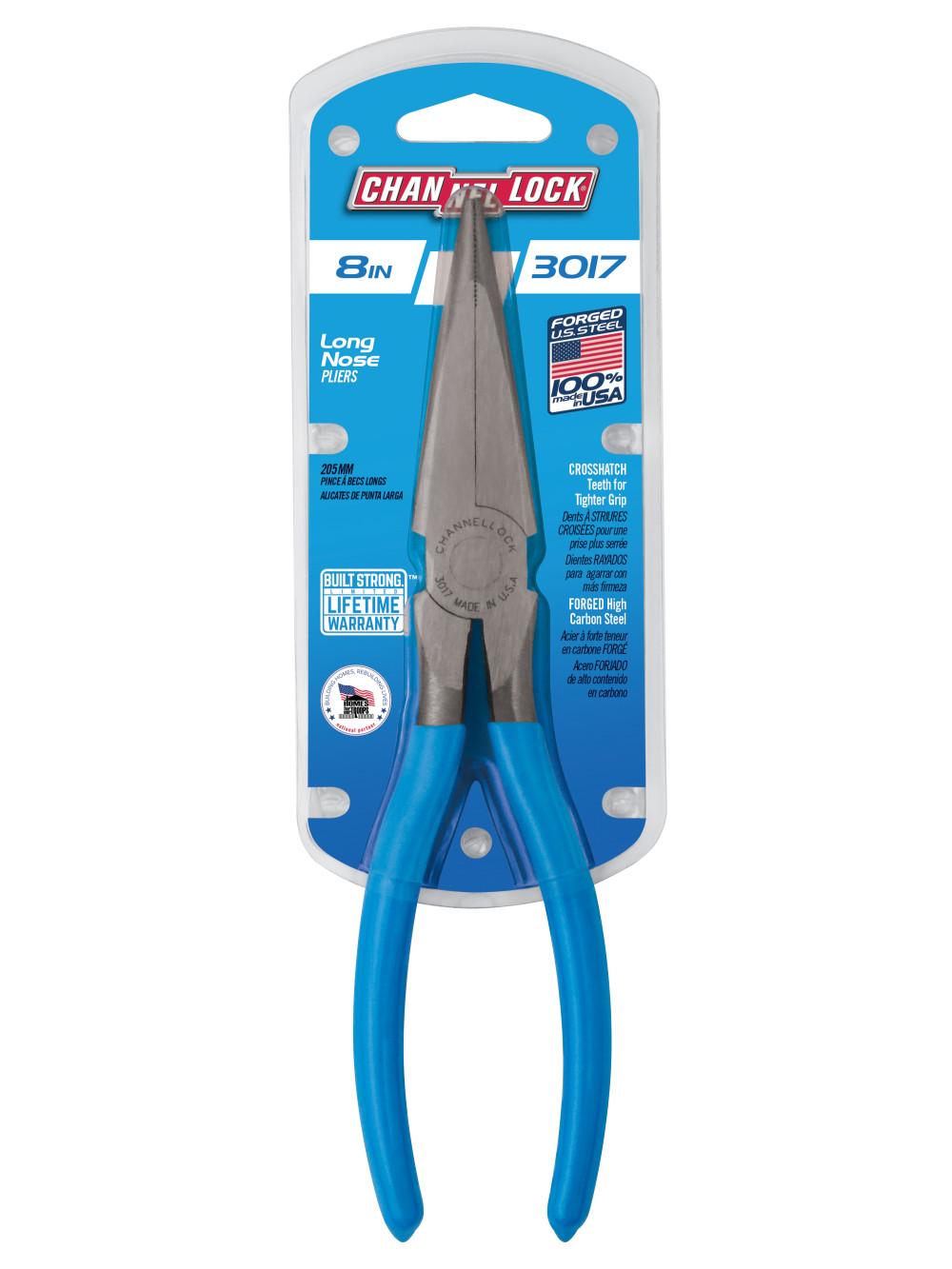 Channellock&reg; 3017 Long Nose Plier, Cross Hatched Teeth Jaw High Carbon Steel Jaw, 2.36 in L Jaw x 0.87 in W Jaw, 8 in OAL, 3/32 in W Tip