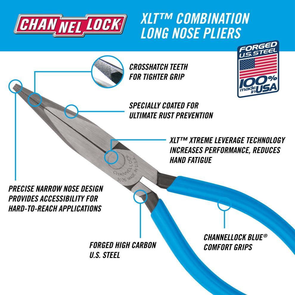 Channellock&reg; 3026 Long Nose Plier, Long Nose High Carbon Steel Jaw, 6.53 in L, 6.1 in OAL, 0.75 in W Tip